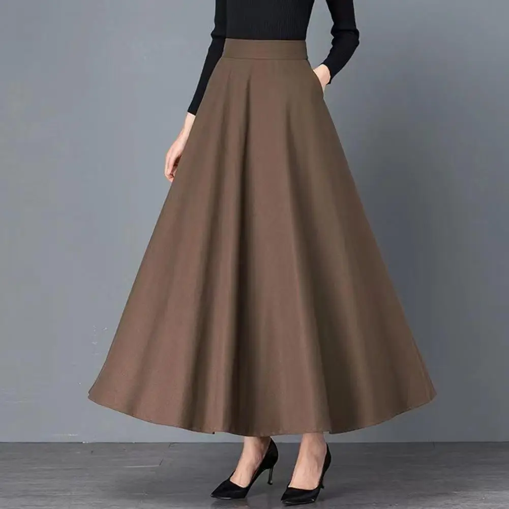 High-waisted Long Skirt Women’s Maxi Skirt with Pockets Elastic High Waist A-line Long Skirt Solid Color Office Lady Large Hem