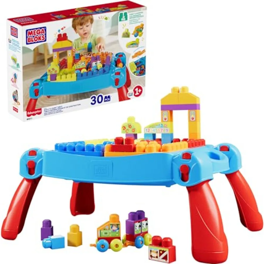 

MEGA BLOKS First Builders Toddler Blocks Toy, Build 'n Learn Portable Activity Table with 30 Pieces and Built-In Storage, Blue,