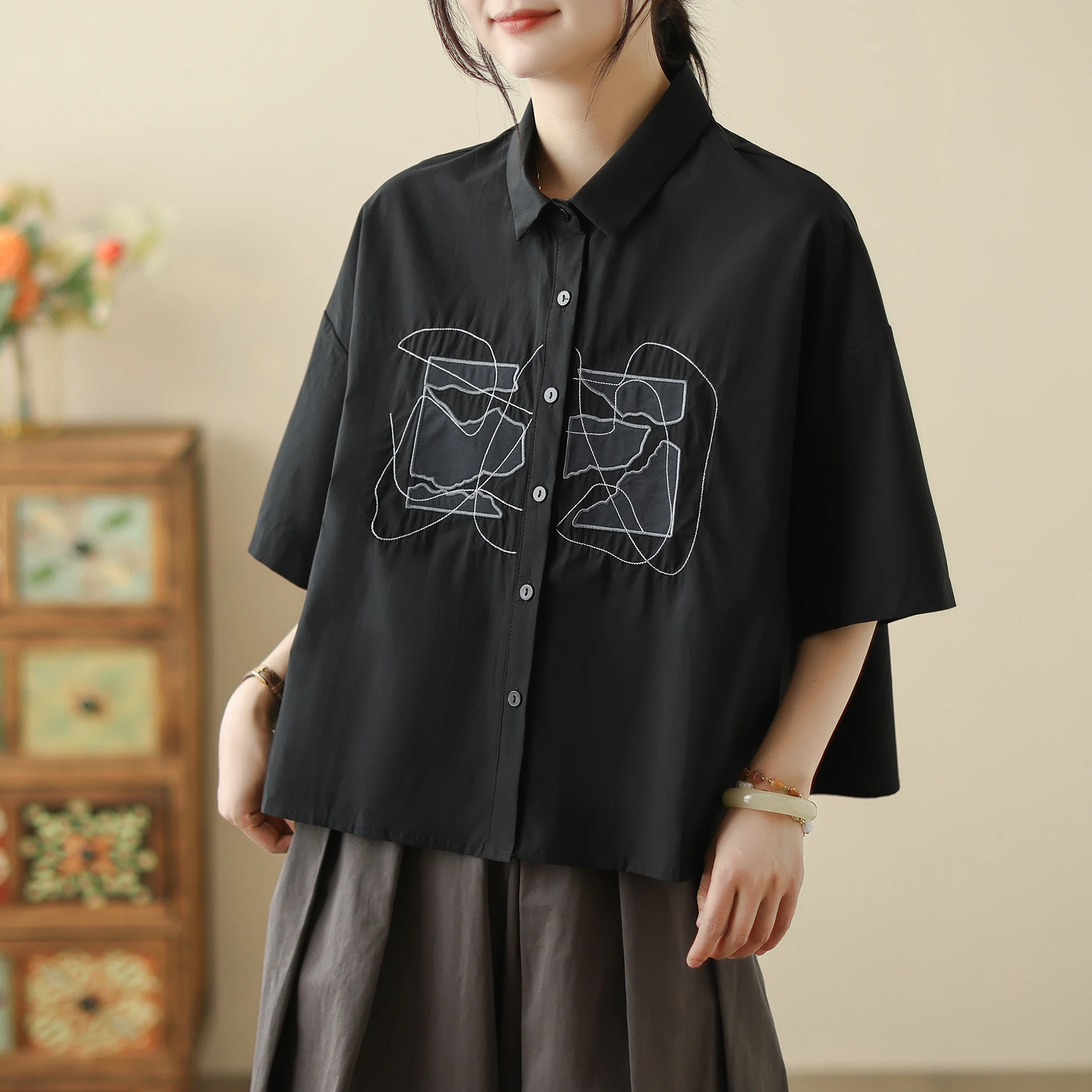 Korean Japanese Cotton Linen ort Sve Embroidered irt Youthful Design Summer Pure Cotton irt for plus Size Women