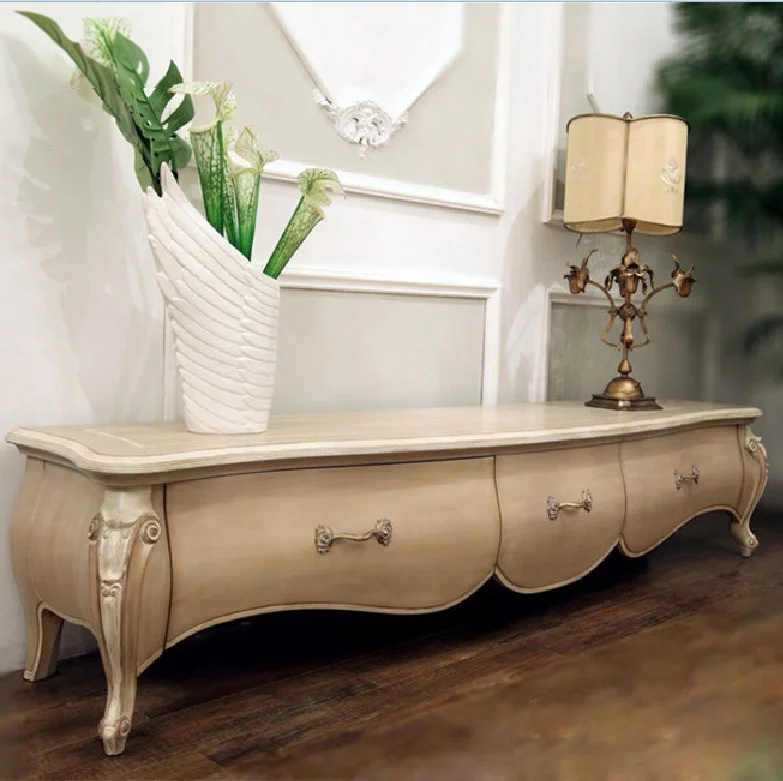 Simple retro carved ivory white solid wood carved TV cabinet