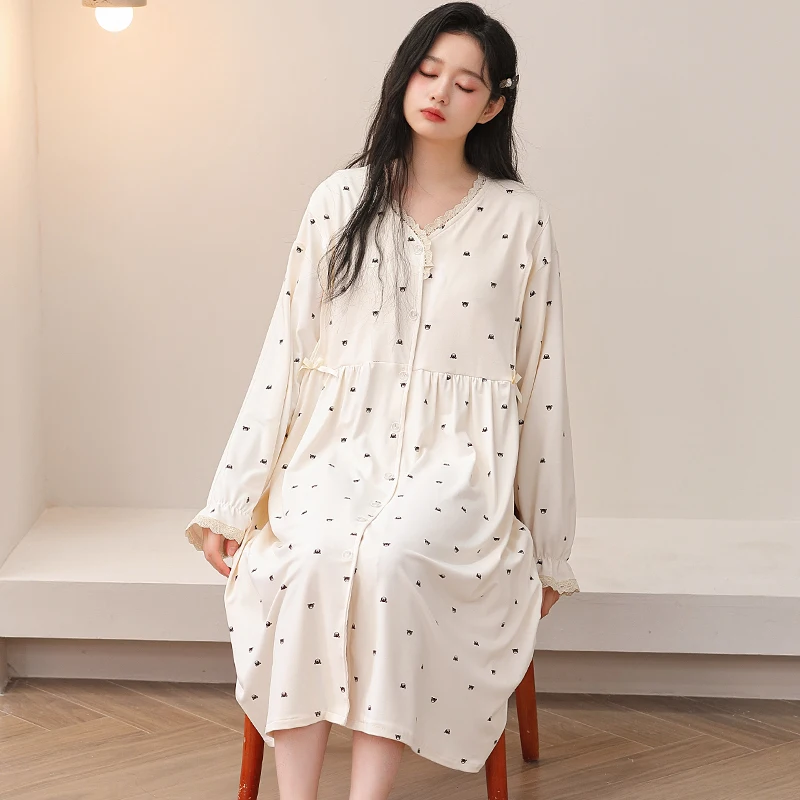

Spring Autumn Loose Long Sleeve Hospital Pregnancy Women Home Nursing Dress Printed Postpartum Sleepwear with Breast Pads