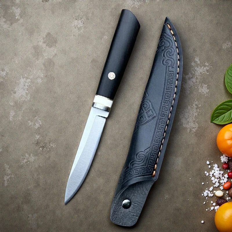 Ebony Handle Straight Paring Knife 5Cr15 Stainless Steel Sharp Blade with Leather Sheath for Fruit Vegetable Cutting