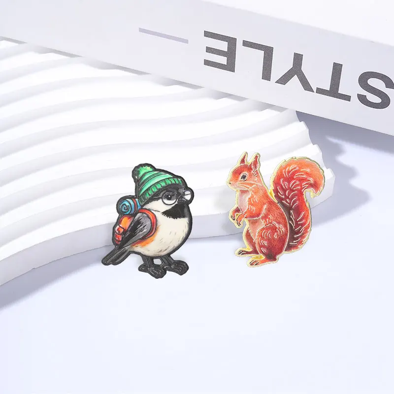 Explorer Chickadee And Red Squirrel Enamel Pins Cute Chickadee with Green Knit Hat Glasses Brooches Bag Lapel Badge Jewelry Gift
