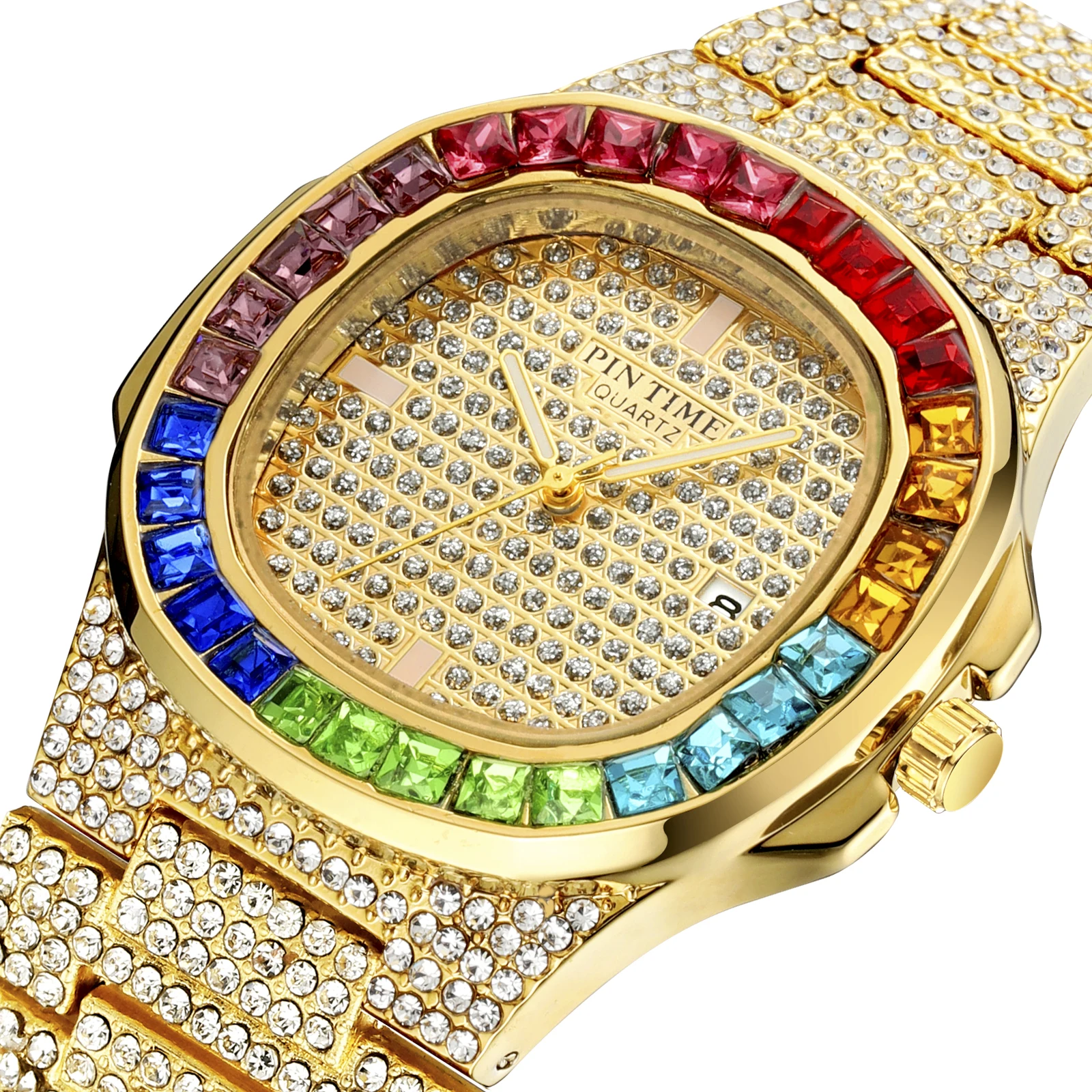 

PINTIME Luxury Men Watches Waterproof Fashion Quartz Wristwatch Bling Iced Out Colored Diamond Case Stainless Steel Strap Clocks