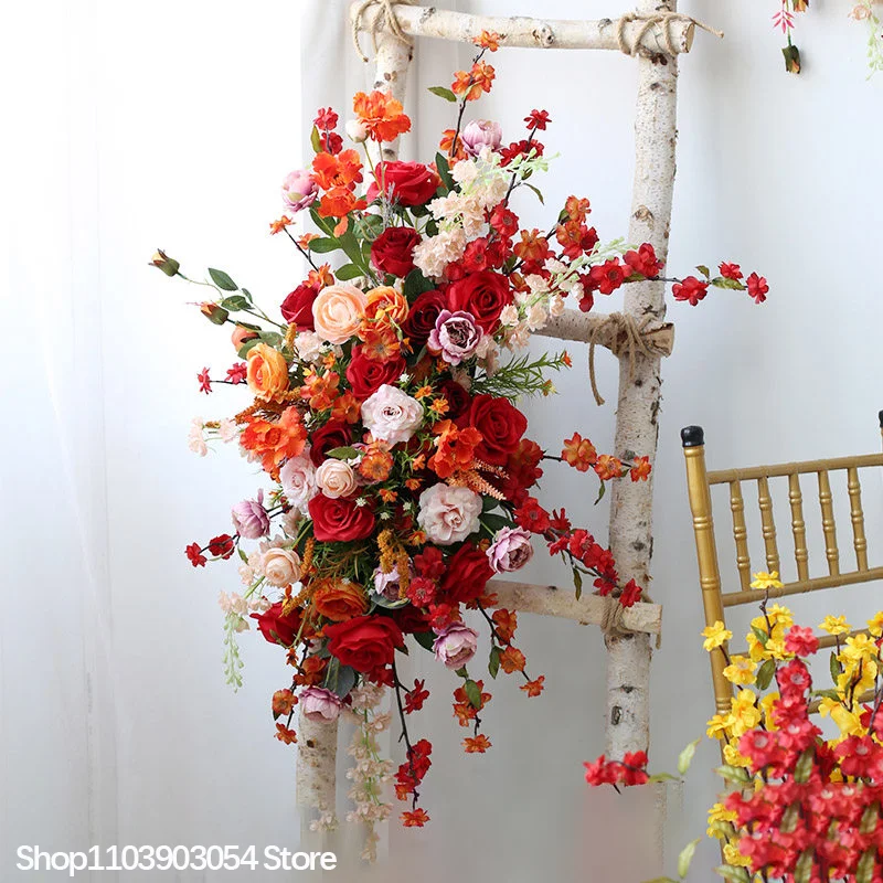 Hochzeits-Hintergrunddekoration, hängende Tischdekoration im chinesischen Stil, orange-rot-grüne Blätter, Blumenarrangement für Veranstaltungen, Bodenblumenball – Detail 6