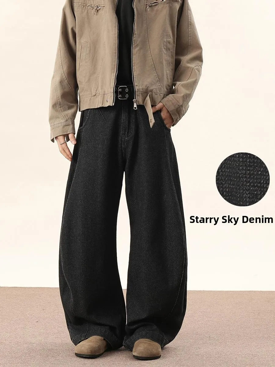 

Bla Starry Patterned Curved Knife Jeans Men's Straight Banana Scythe Pants Cleanfit Loose Wide Leg Long Trousers