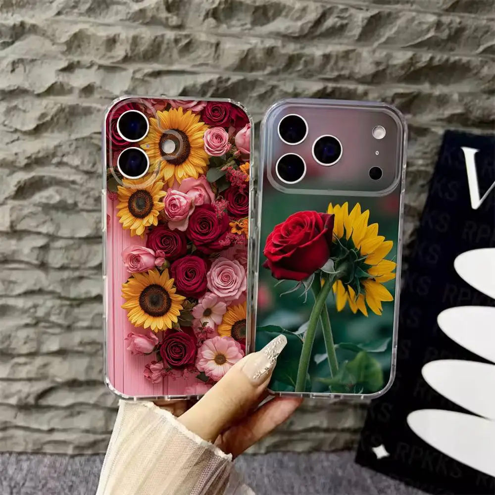 Capa de telefone rosa e girassol para iPhone 17,16,15,14,13,12, Pro, Max, Plus, E, SE4, Air, Mini capa transparente