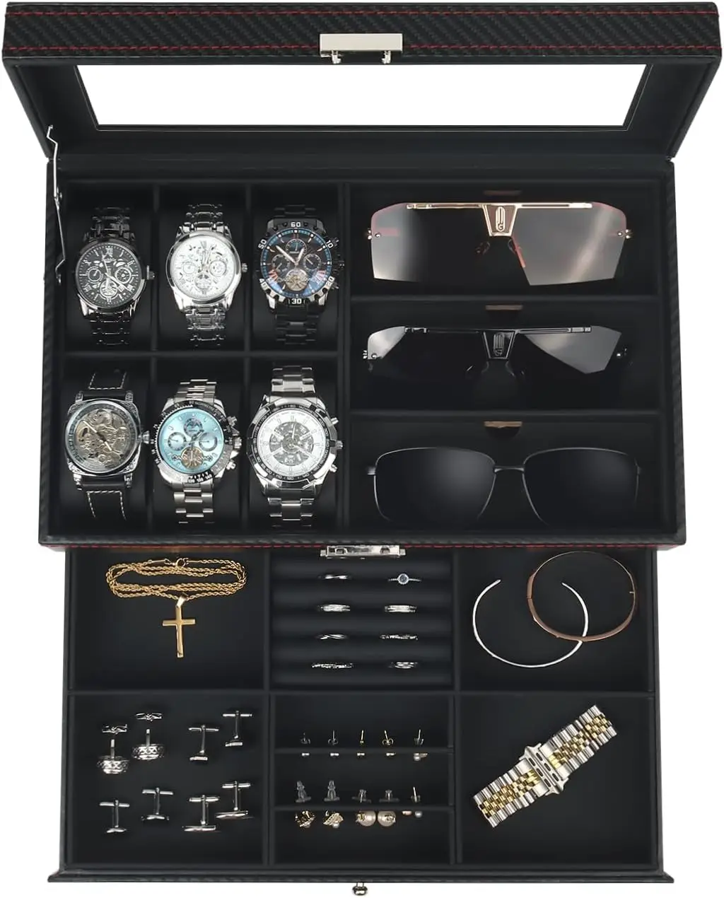 Watch Jewelry Box Organizer, 6-Slot 2-Layer Watch Case and Sunglasses Storage with Large Glass Lid, Men's Jewelry Box with Lock, Watch Holder Display Case, Fathers Day Gift for Dad