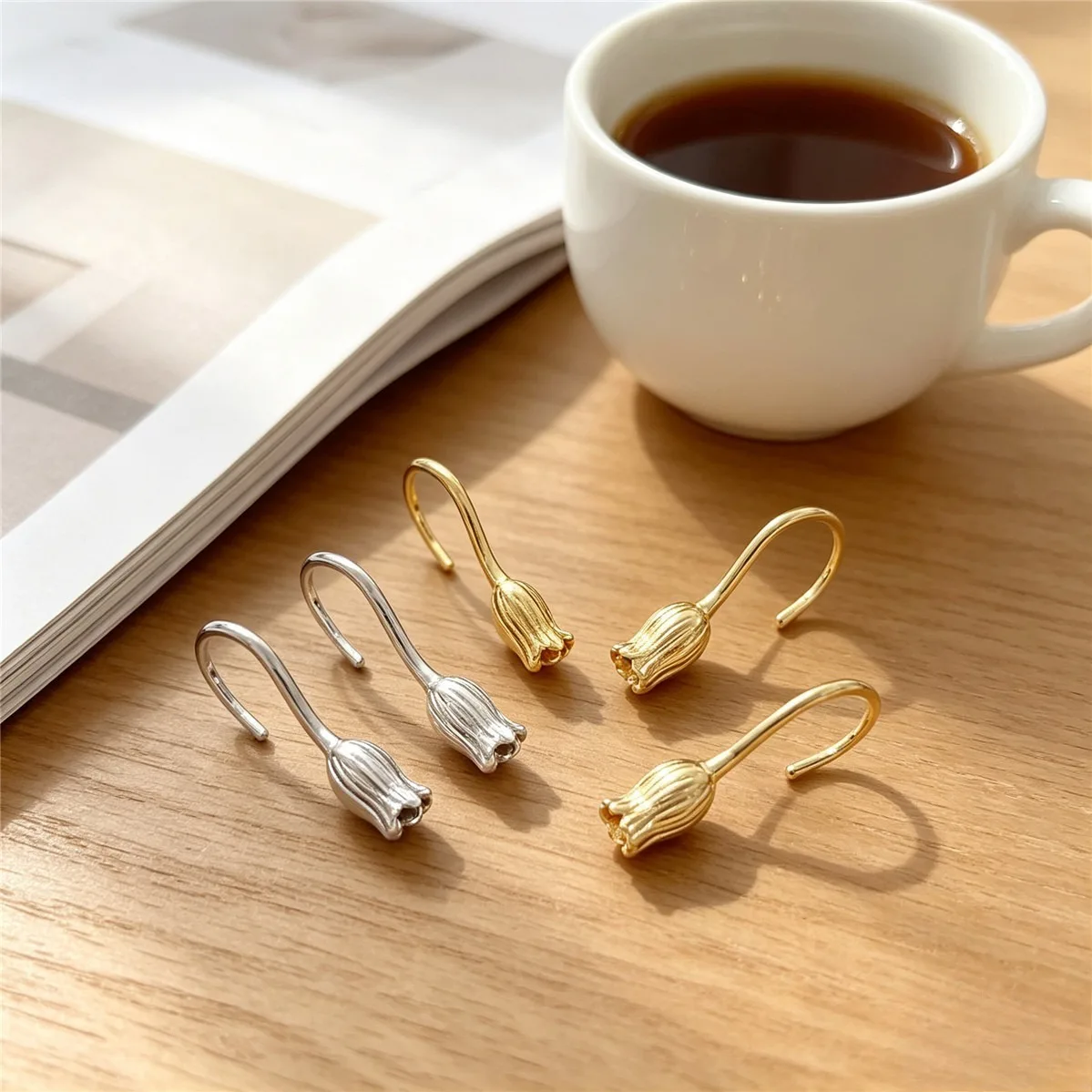 Brass Gold Plated Tulip Ear Hooks With Hanging Loop DIY Handmade Dangle Earring Jewelry Findings Available In Two Tones