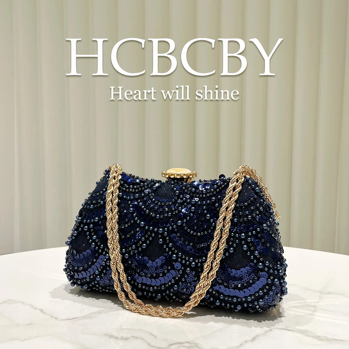 navy blue glitter sequins splicing beaded decorative handbag, women's fashion temperament elegant dinner handbag