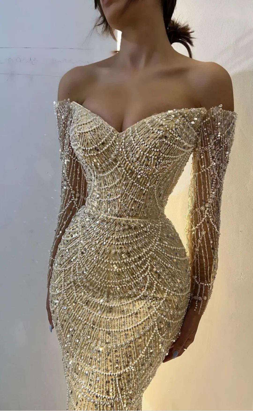 Abiti da sera illusione Sirena senza spalline Perline Paillettes Sweep Train Abiti da ballo Abiti da festa Robe De Soirée personalizzato