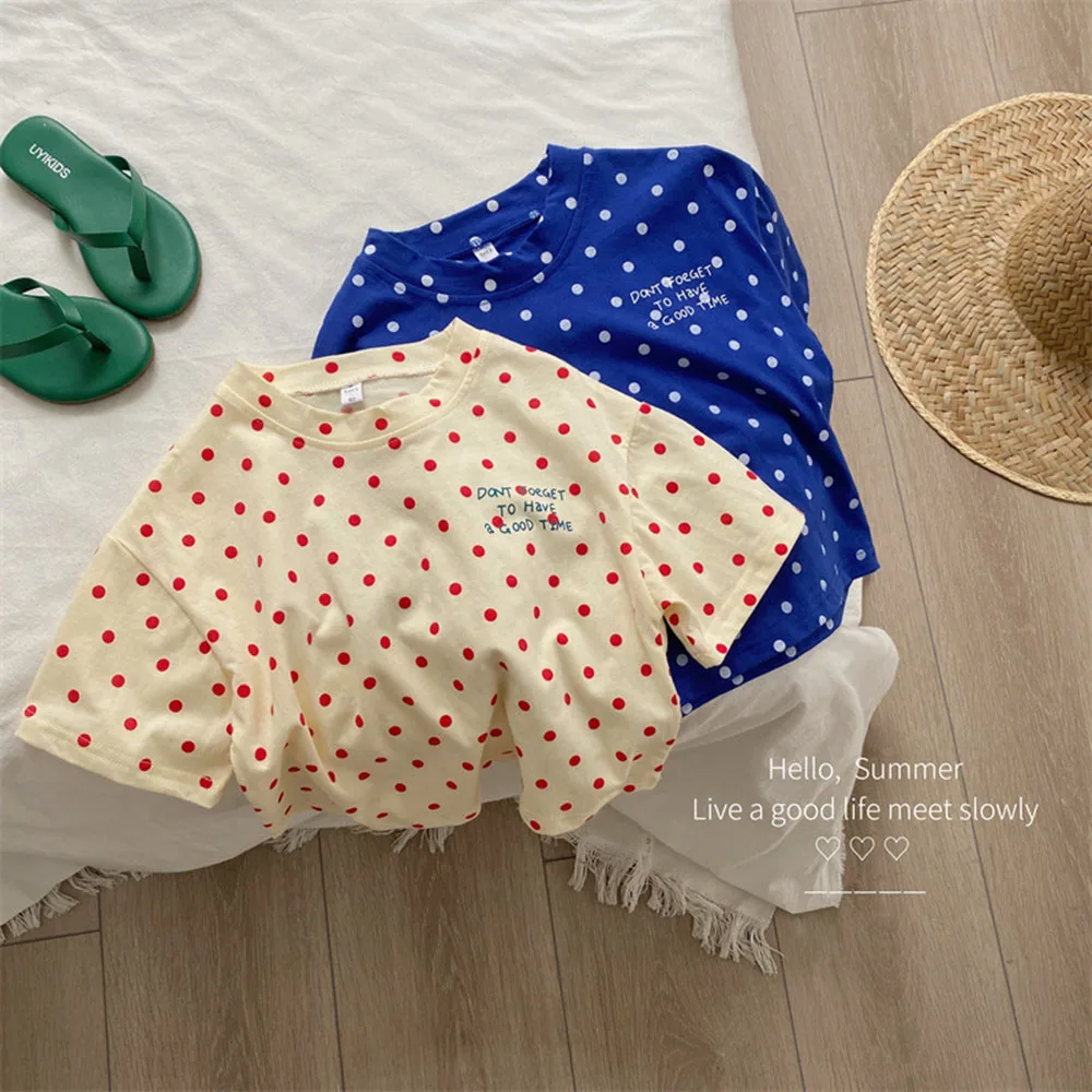 

Cute Children's Dot Printing T-Shirt Comfortable Pure Cotton Summer O-Neck Short Sleeved T-Shirt Loose Fit Letter Printing Top
