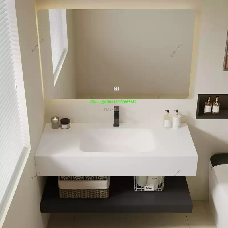 Rock Slab Hot Bending Integrated Basin Bathroom Cabinet Mirror Cabinet Combination Italian Style Homestay Washbasin Cabinet