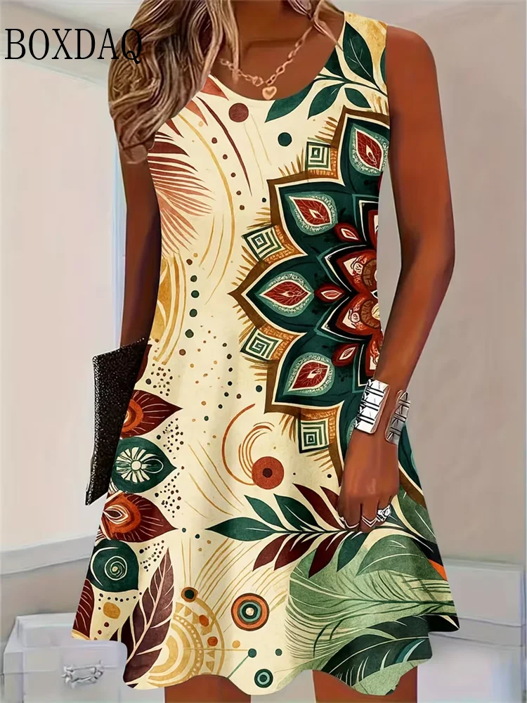 2026 Sundress Floral 3D Print Women's Casual Sleeveless Tank Dress Summer Vacation Casual Retro Loose Plus Size Woman Clothing