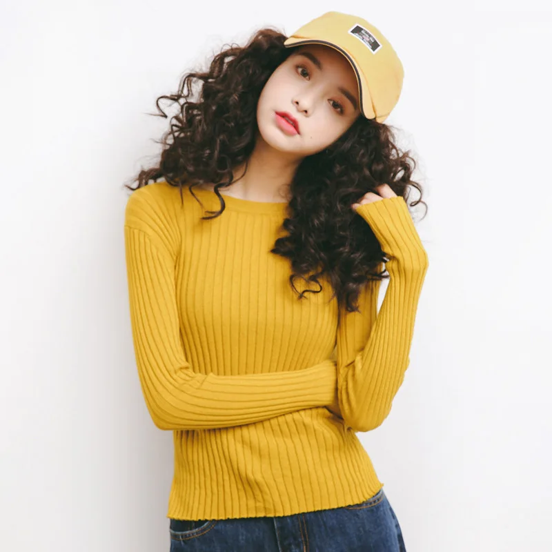 Slit Cotton Sweater Women Light Weight Crew Neck Ribbed Tops Pullover