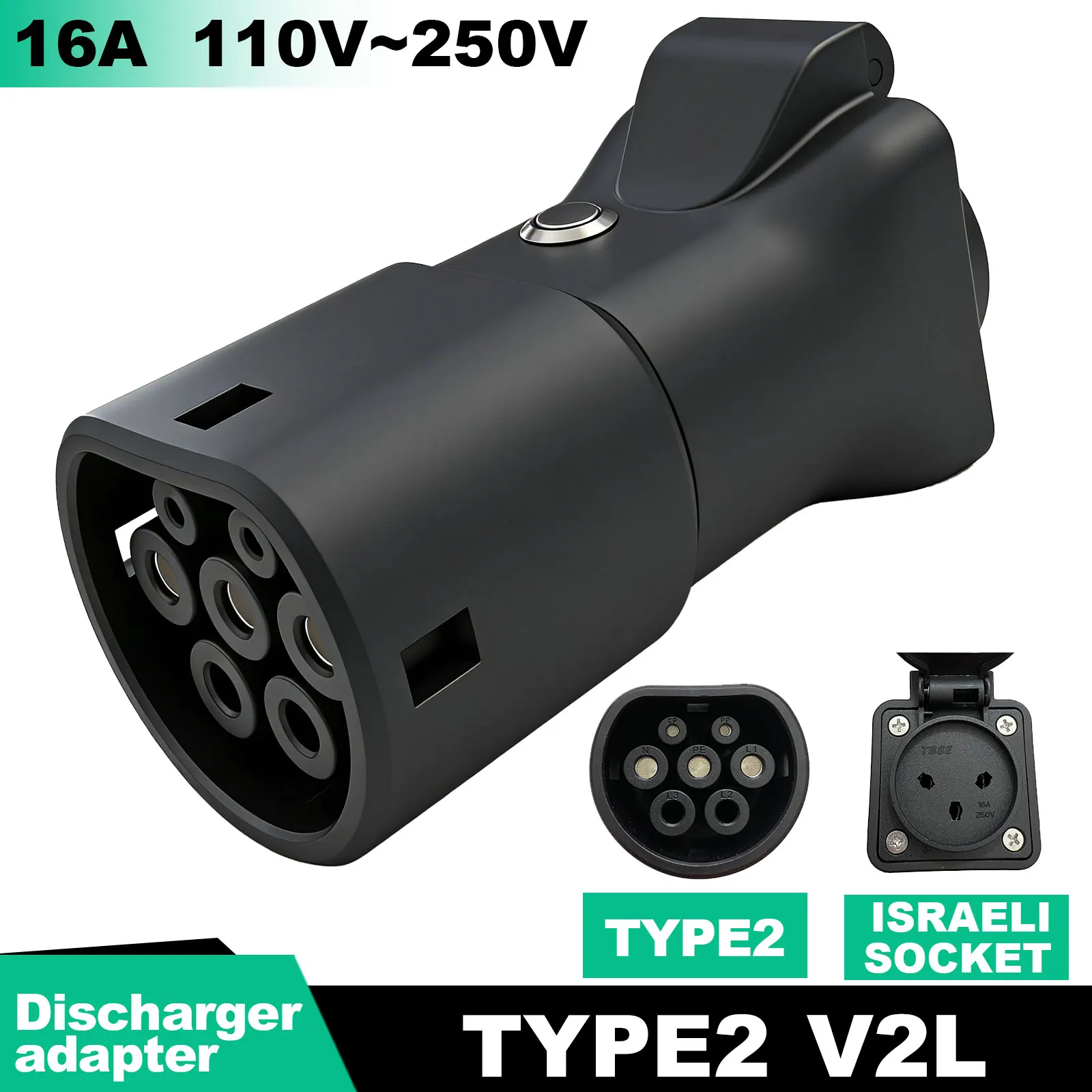 Typ2 V2L Entladegerät 16A Israel-Steckdose mit Ausschaltknopf für BYD MG Geely Jaecoo Omoda LEAPMOTOR GWM XPENG EV Entladeadapter