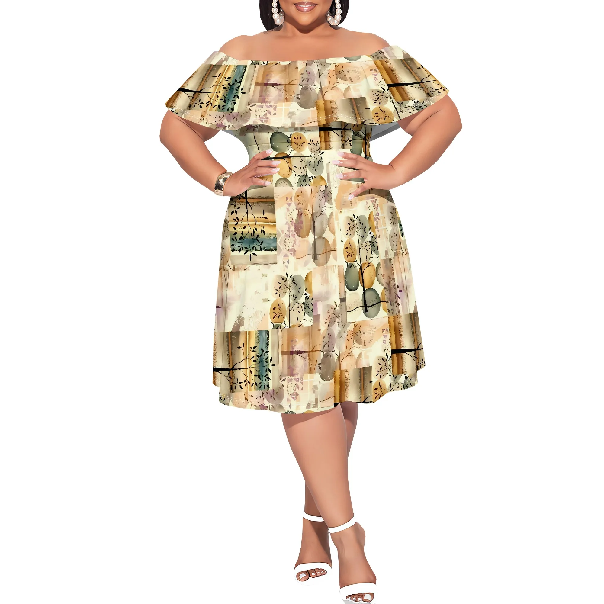 Plus Size Off Shoulder Abstract Floral Dress Women Summer Lightweight Mini Dress