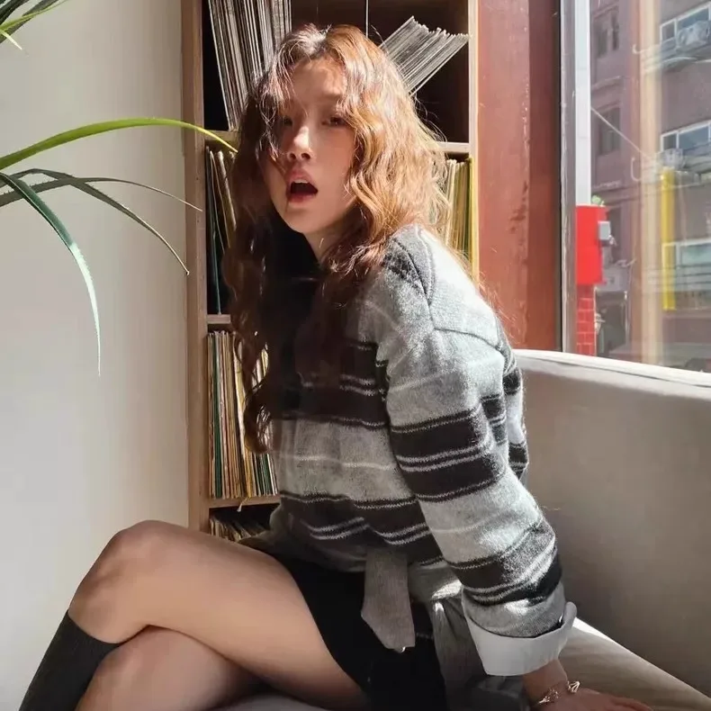 Retro Sle Loose Fit Ne Strickpullover Farbe Blo Gestreiftes Oberteil Weicher, bequemer Damen Long Sve Crew Ne Pullover