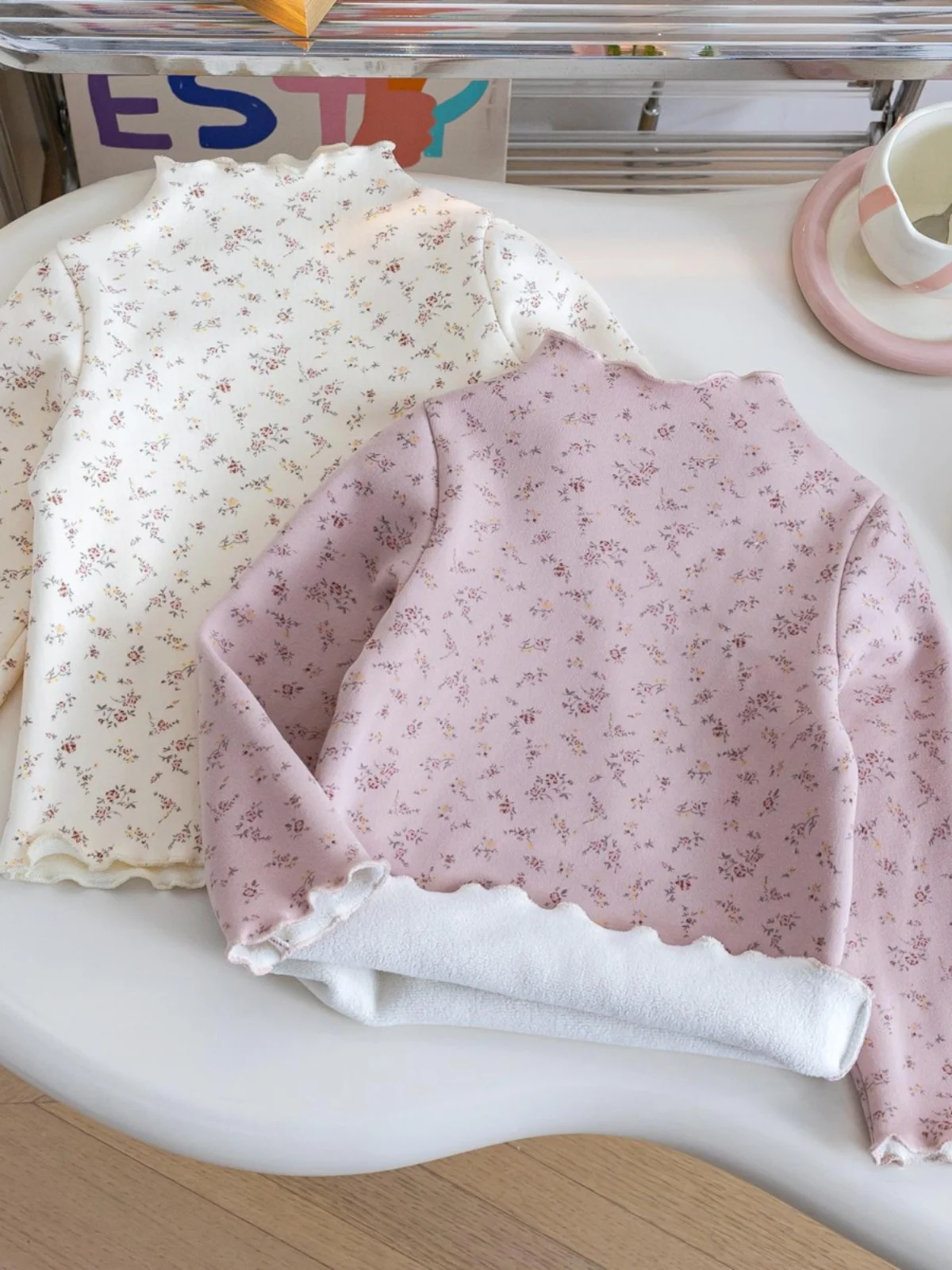 

Girls Floral Print Fce Lined Long Sve Base irt Autumn Winter Warm Top Little Girl T irt Cotton High Collar Other Ma...