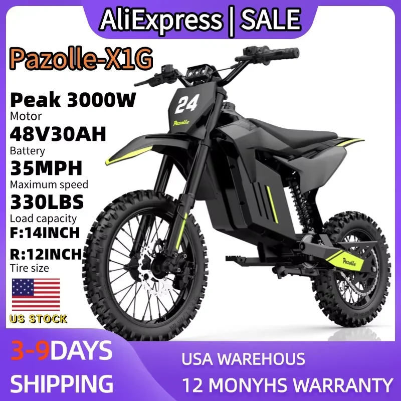 

3000W Pazolle-X1G Electric Dirt Bike for Adults 35MPH 48V 30AH Electric-Motorcycle Hydraulic Brakes F14"& R 12" E Bike