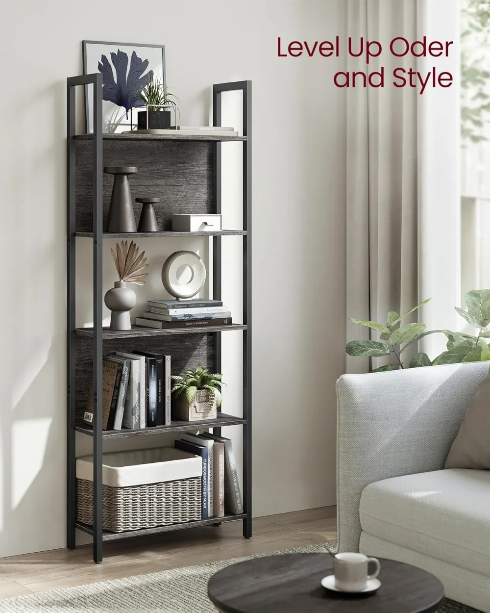 5-Tier Industrial Bookshelf with Steel Frame, 9.4x24.4x65 Inches, Charcoal Gray for Living Room Office