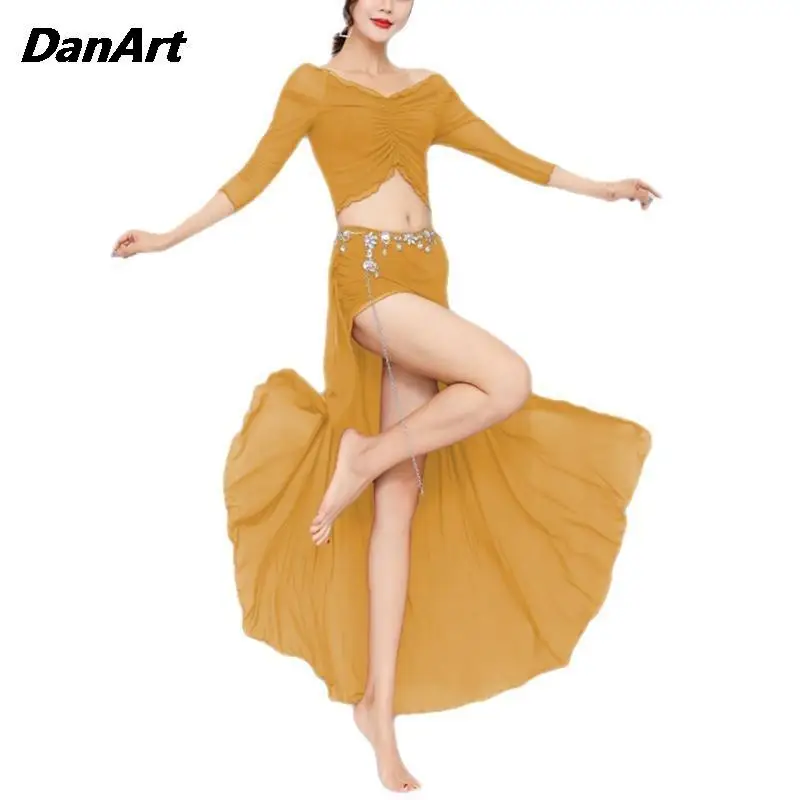 Vestido Sexy de danza del vientre para mujer, ropa de actuación en escenario, traje de entrenamiento de práctica, Tops de dama + Falda larga, disfraces de espectáculo para adultos, nuevo