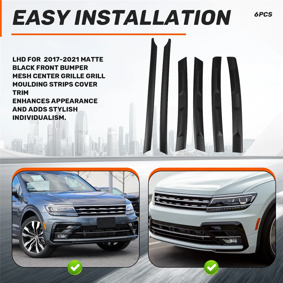 A02Q-LHD لـ Tiguan L 2017-2021 ماتي أسود المصد الأمامي شبكة مركز مصبغة شواء صب شرائط غطاء الكسوة