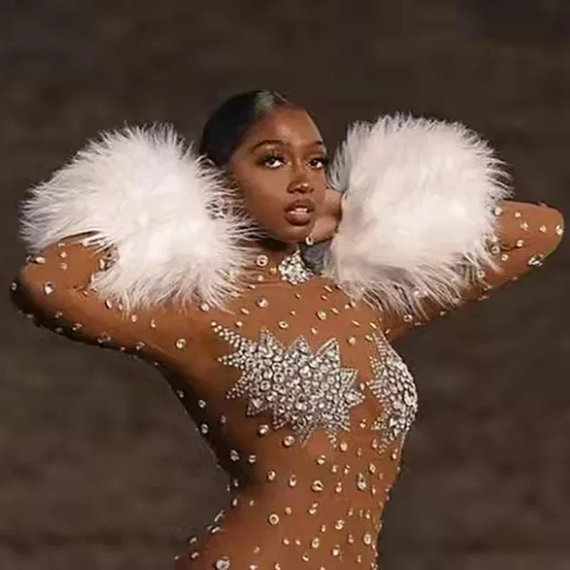 Sexy Crystal Diamond Skinny Long Pant Jumpsuit Women See Through Feather Romper Clubwear Fitness Outfits Gorgeous Dress Guibin