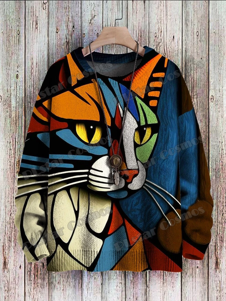 

Abstract Art Cat Multicolor Pattern 3D Printed Men's Crewneck Knitted Pullover Winter Unisex Casual Knit Pullover Sweater ZZM43