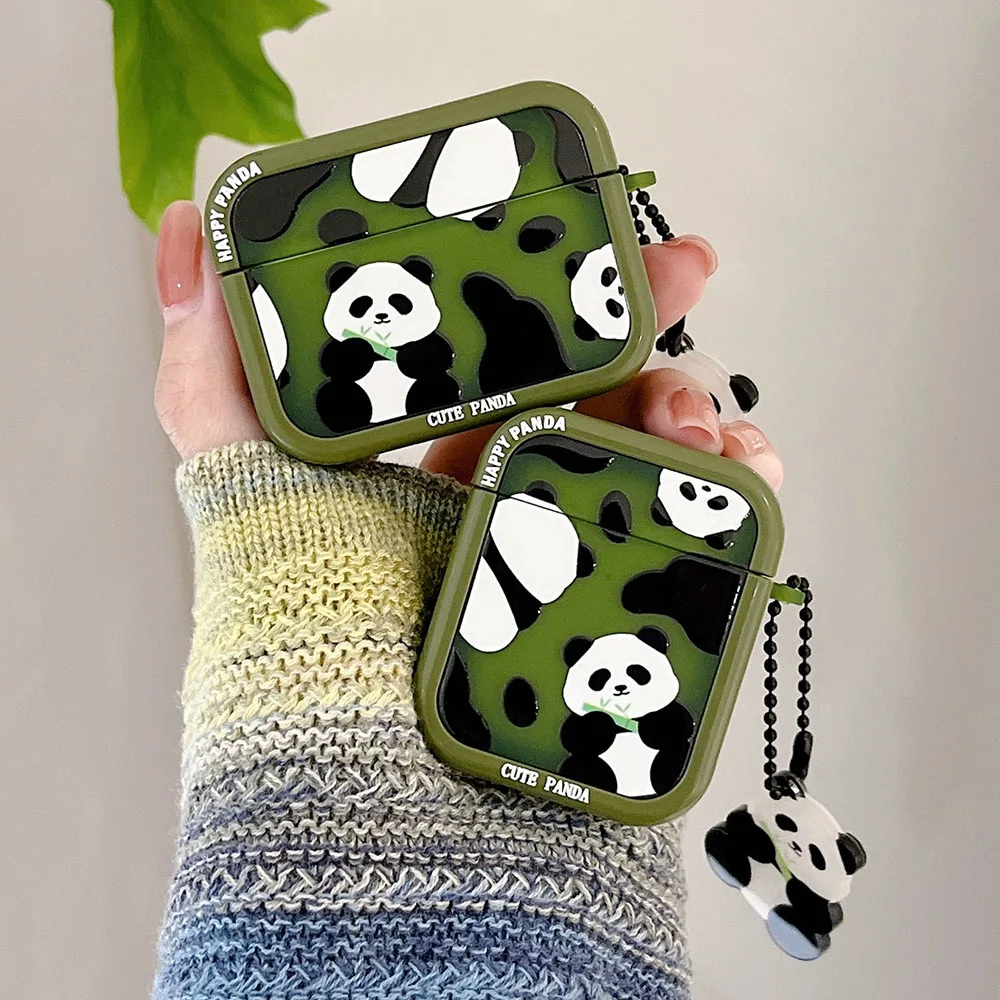 Cute Cartoon Happy Panda Headset Case For Apple AirPods 1 2 Pro Green Square Earphone Protective Fundas AirPod 3 with Pendant