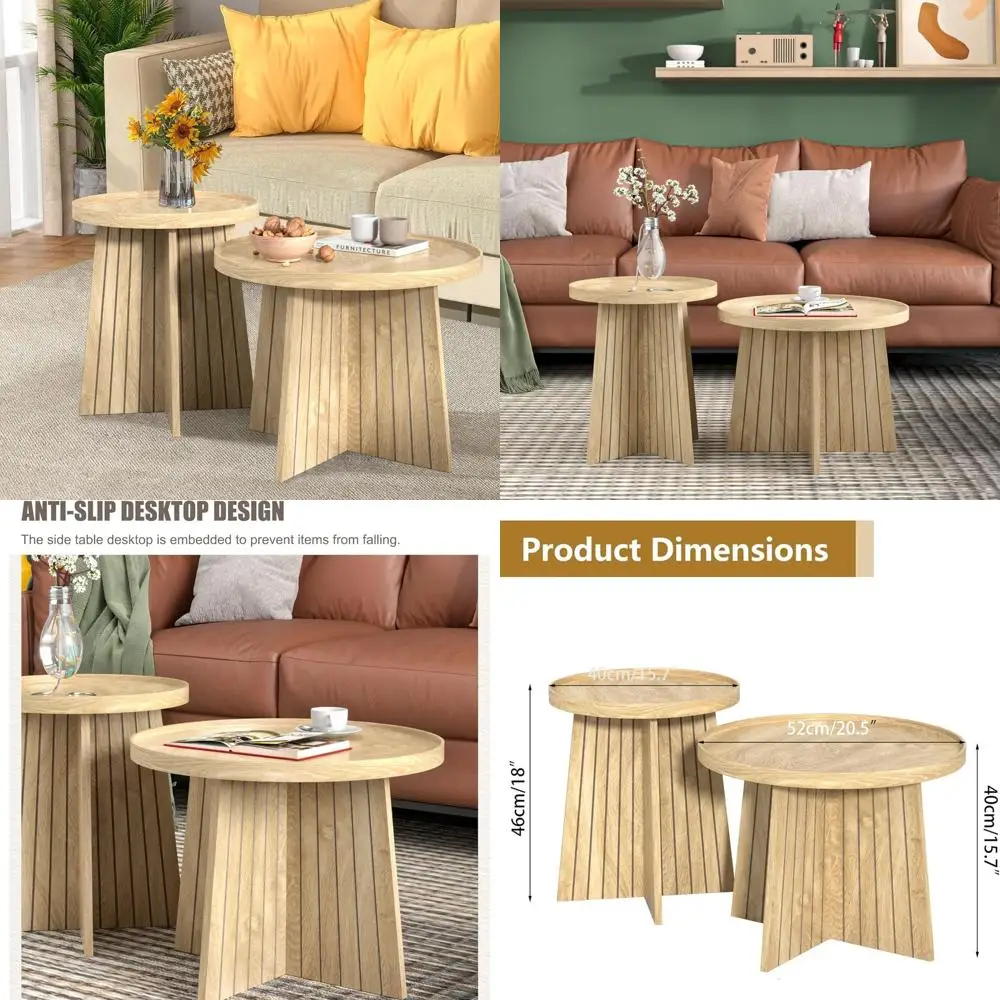 

Pair of Nesting Coffee Tables, Wooden Fluted Panel Design, Compact Farmhouse Side Table for Living Spaces and Bedrooms