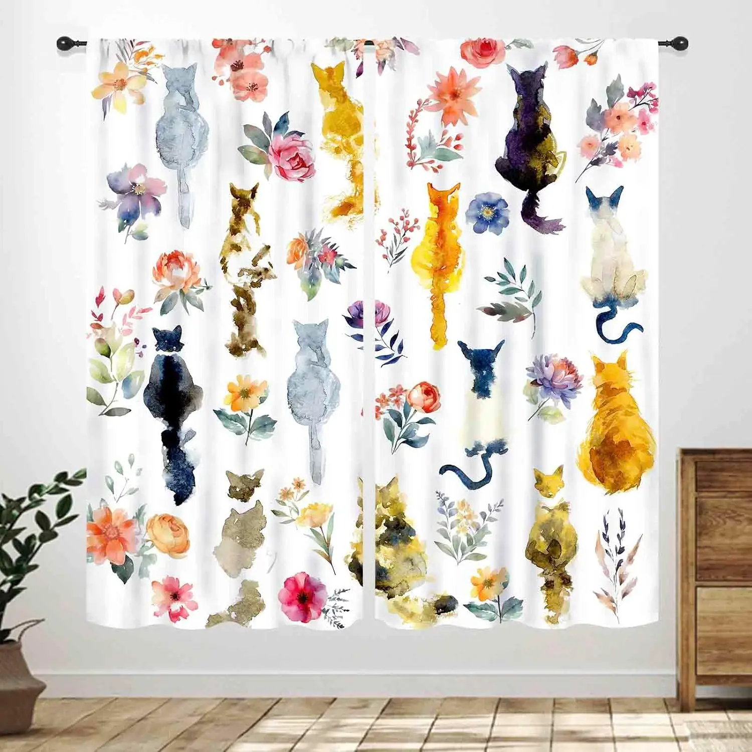 Watercolor Kitten Blackout Curtain White Multi Shade Cat Silhouette Fresh Floral Rod Pocket Panels Lovely Cozy Bedroom Decor