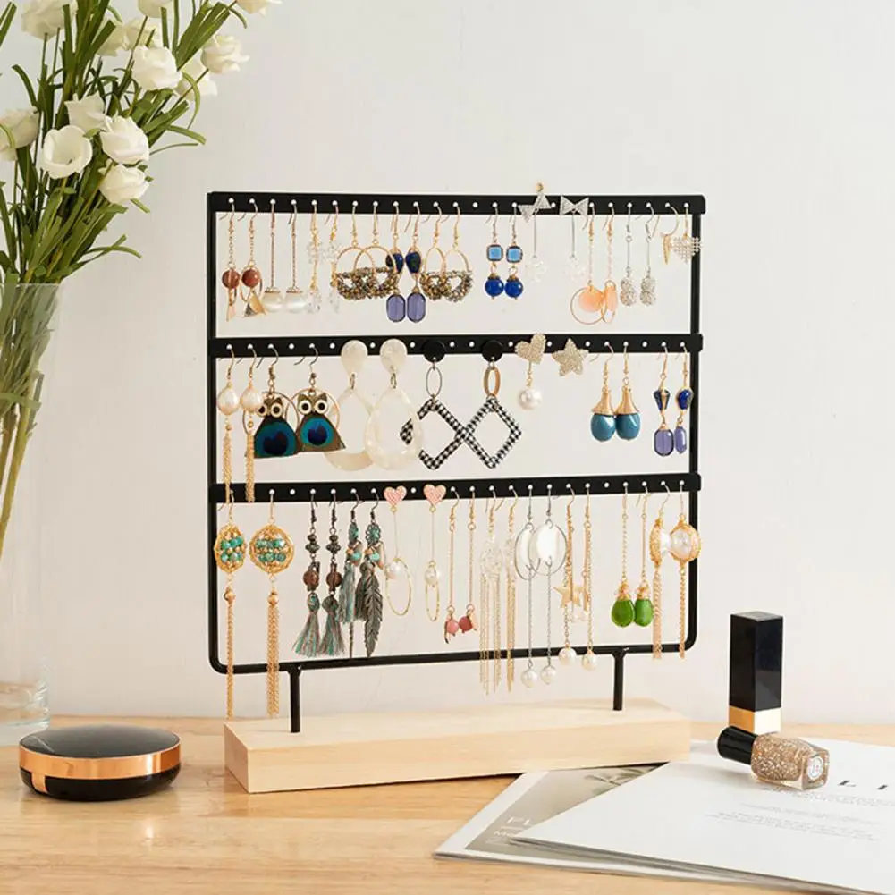 

Jewelry Display Rack 72 Holes Three Layer Wooden Base Jewelries Storage Iron Art Dangle Earrings Ear Studs Jewelry Stand