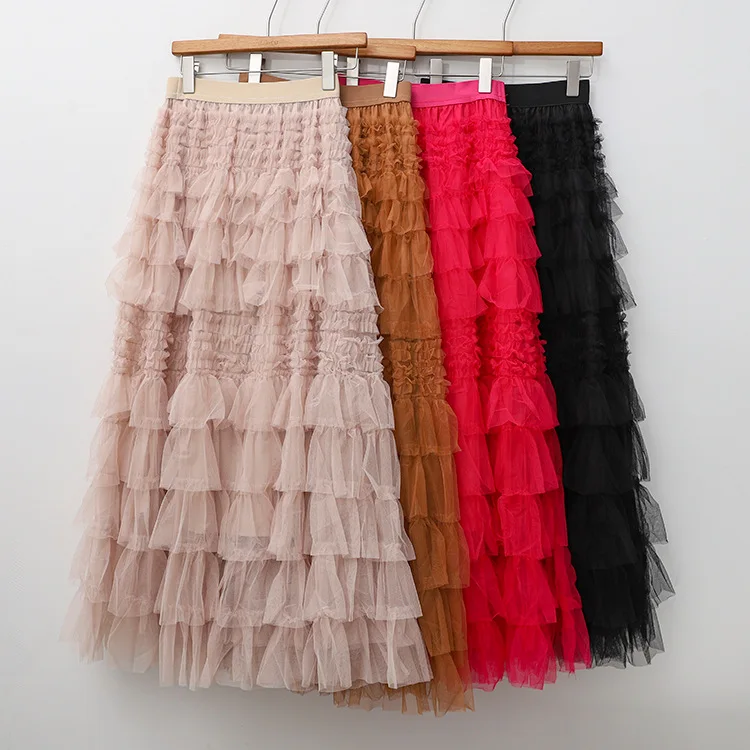 2024 สตรี Casual Ball Gown กระโปรงยาว Tulle เอวสูง Tutu กระโปรงสุภาพสตรี A-Line ตาข่ายเดท Maxi กระโปรง