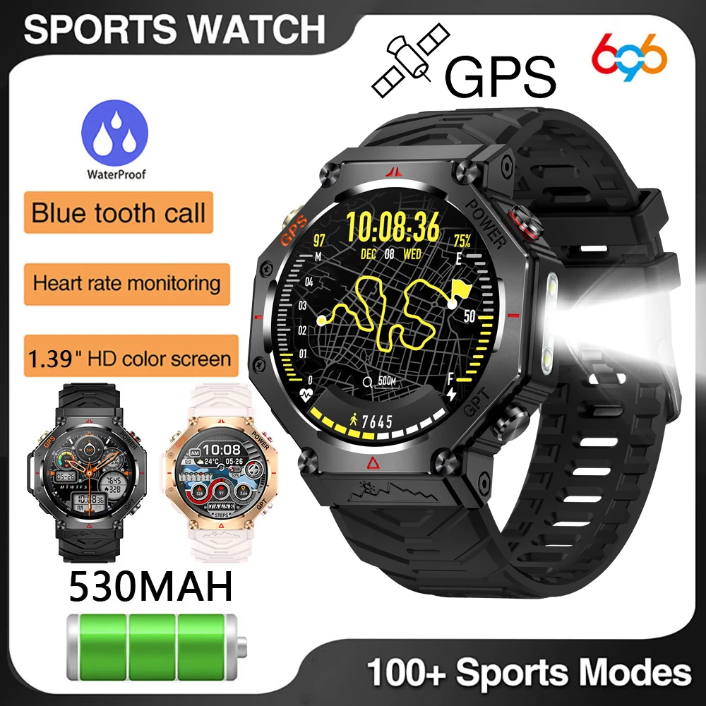 새로운 남성 여성 야외 스포츠 GPS 스마트 시계 손전등 3ATM 방수 GPT 파란색 치아 전화 건강 나침반 SOS 음악 Smartwatch