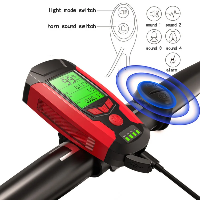 3 in 1 USB Bicycle Flashlight 5 LED Bicycle Computer/Alarm Horn Bike Front Light  Waterproof Headlight Odometer Bike Accessories