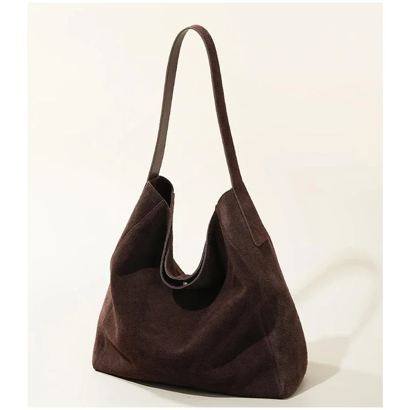 

High-end Cowhide Tote Bag Brushed Suede Genuine Leather Shoulder Bag Vintage Square Large-capacity Women's Autumn Winter Handbag
