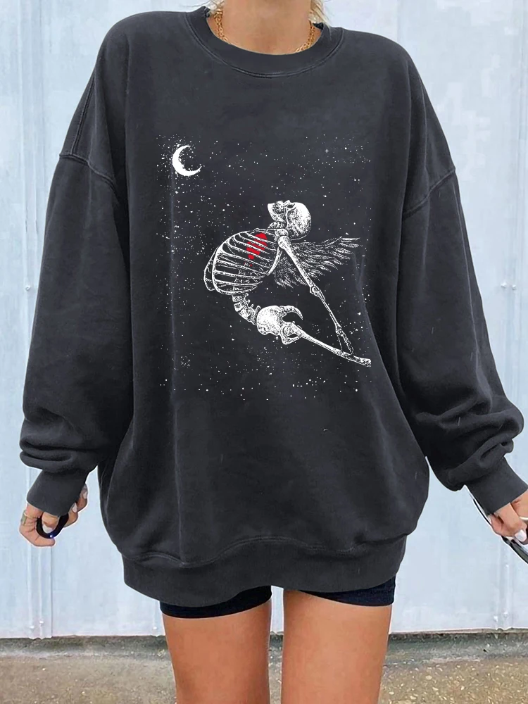 Seeyoushy Funny Skull Print Women Sweatshirts Drop Shoulder Pullovers Winter Vintage Sweatshirt Harajuku 90s Loose Top Sudaderas