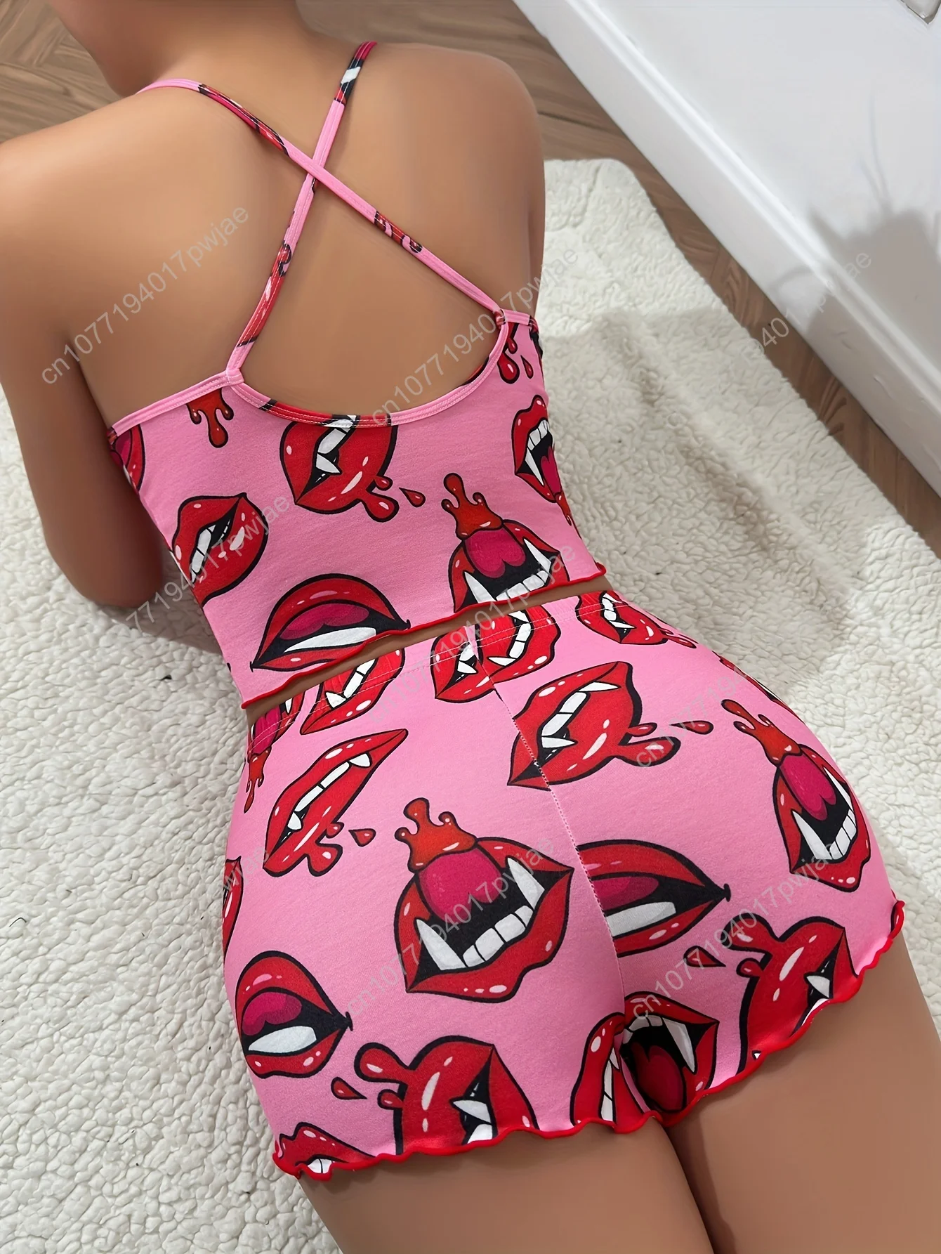 Ensemble pyjama pour femmes avec imprimé de dessin animé mignon et motif rayé, vêtements de détente confortables et décontractés