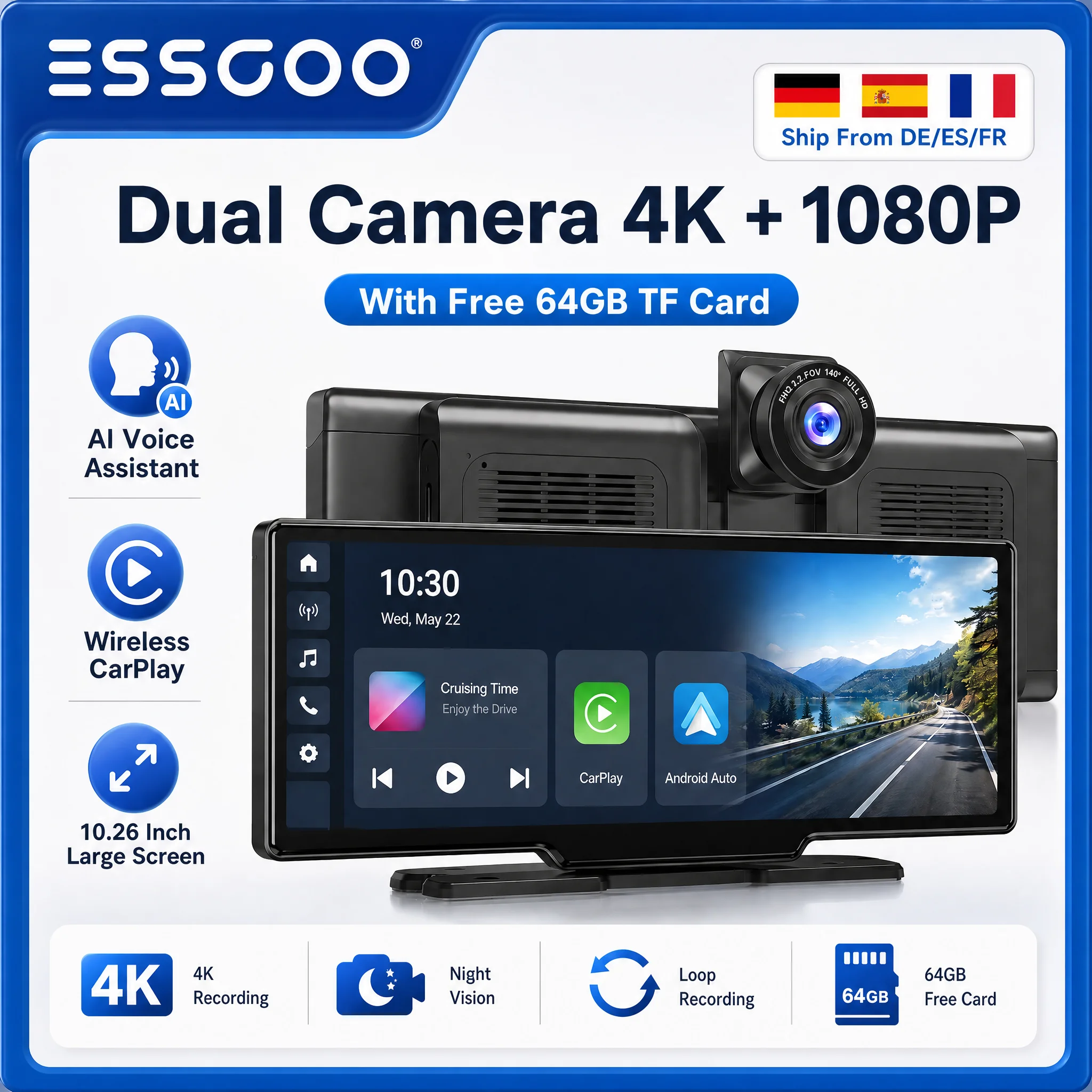 ESSGOO 10,26" Wireless CarPlay & Android Auto Dash Cam ADAS 4K DVR Bluetooth Audio AUX GPS Navigation Dashboard Video Recorder