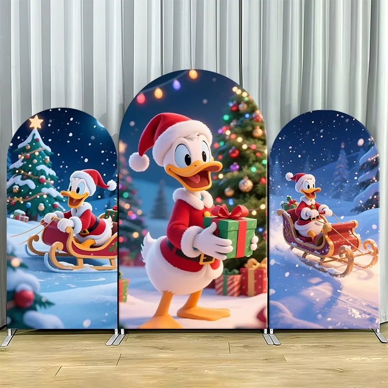 Fondo Plano 2D con Diseño de Arco, Tela No Elástica de una Sola Capa, Set de Fondo Navideño de Pato Donald con Trineo de Santa Claus y Árbol