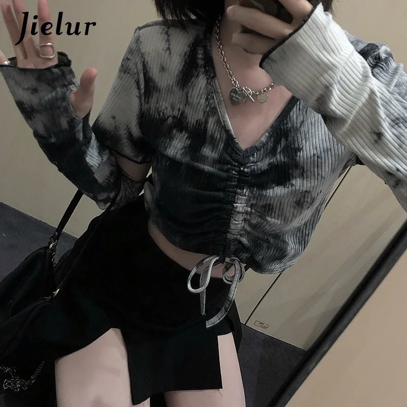 Jielur Patchwork T-shirt Female Crop Top Tie-Dye V-neck Chic Teens Tees for Girls Long Sleeve Womens Harajuku Street Style Tops