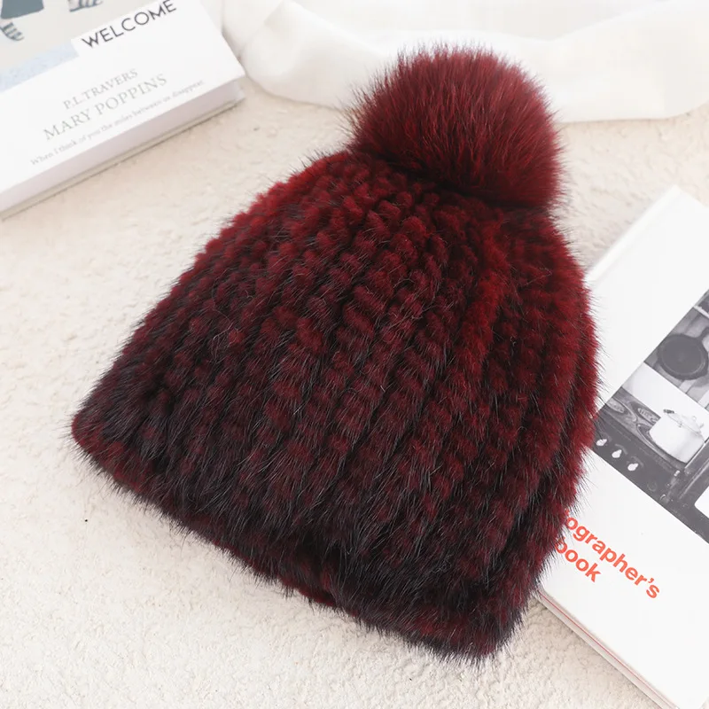 Real Mink Fur Hat For Women New Brand Thicken Female Fur Caps Ladies Winter Knitted Mink Fur Beanies With Fox Fur Pompoms Hat