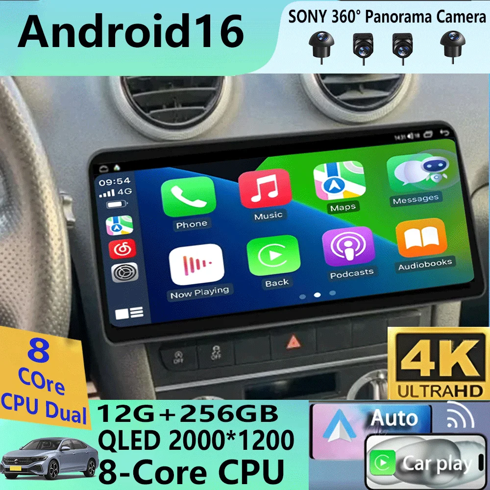 12.3 inch Android 16 Carplay Auto Car Radio For Audi A3 8P 2003-2013 2din Multimedia Player GPS Navigation Audio Stereo DSP 360