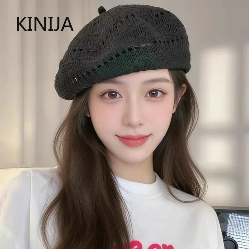 Koreanischer Stil Ausgehöhlte Dünne Baskenmütze Vintage Dünne Gestrickte Malermütze Sommer Outdoor Damen Sonnenschutzmütze Britische Bonnet-Kappe