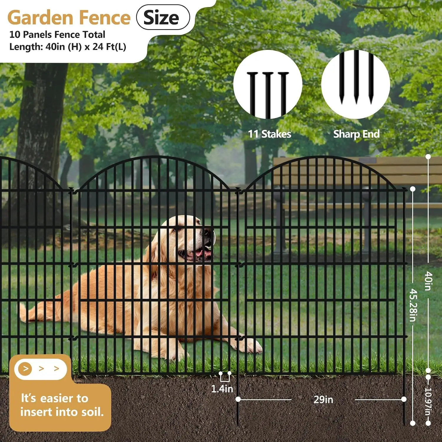 10 Panels Decorative Garden Fence, 40in (H) X 24ft (L) No Dig Dog Fences Outdoor for Yard, Rustproof Tall Metal Fencing
