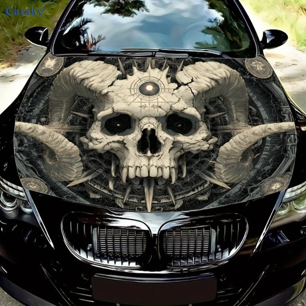 

Dominant Dark - style Skull with Horns Car Hood Sticker, Intricate Texture Showing Personality Body Decoration Sticker , waterpr