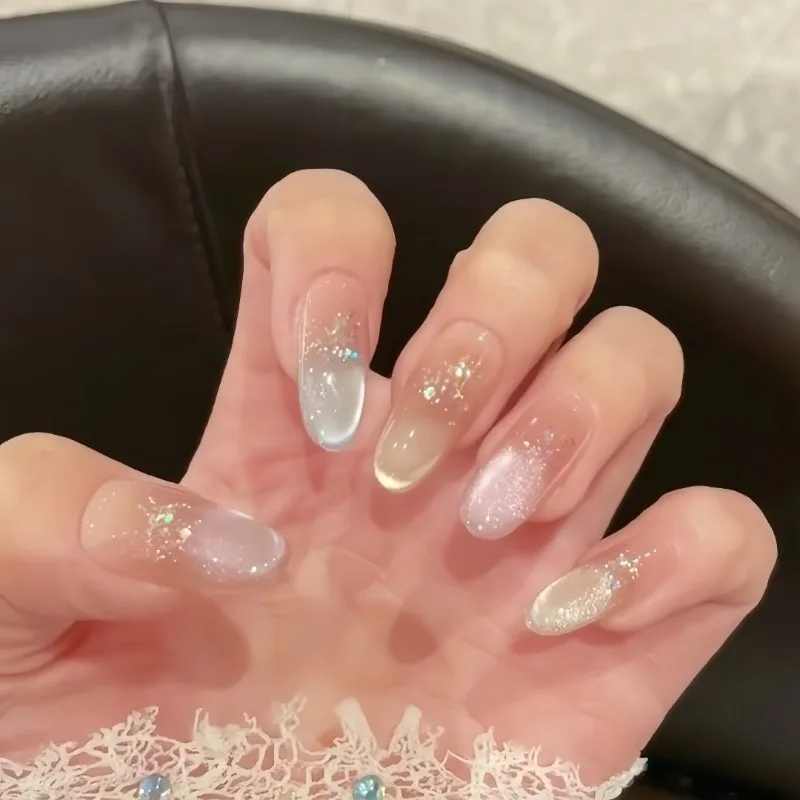 

10Pcs Oval Shape False Nails with Rainbow Cat Eye Effect Sparkling Glitter Nail Art Decoration Handmade Nails for Daily Wear