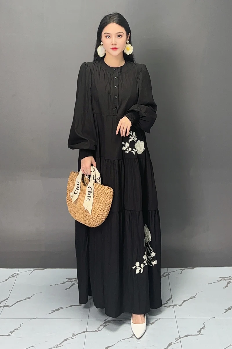 2024 Autumn New Elegant Folds Printed Loose Long Dresses Women Fashion Patchwork Long Sleeve Dress Ladies Wholesale J325