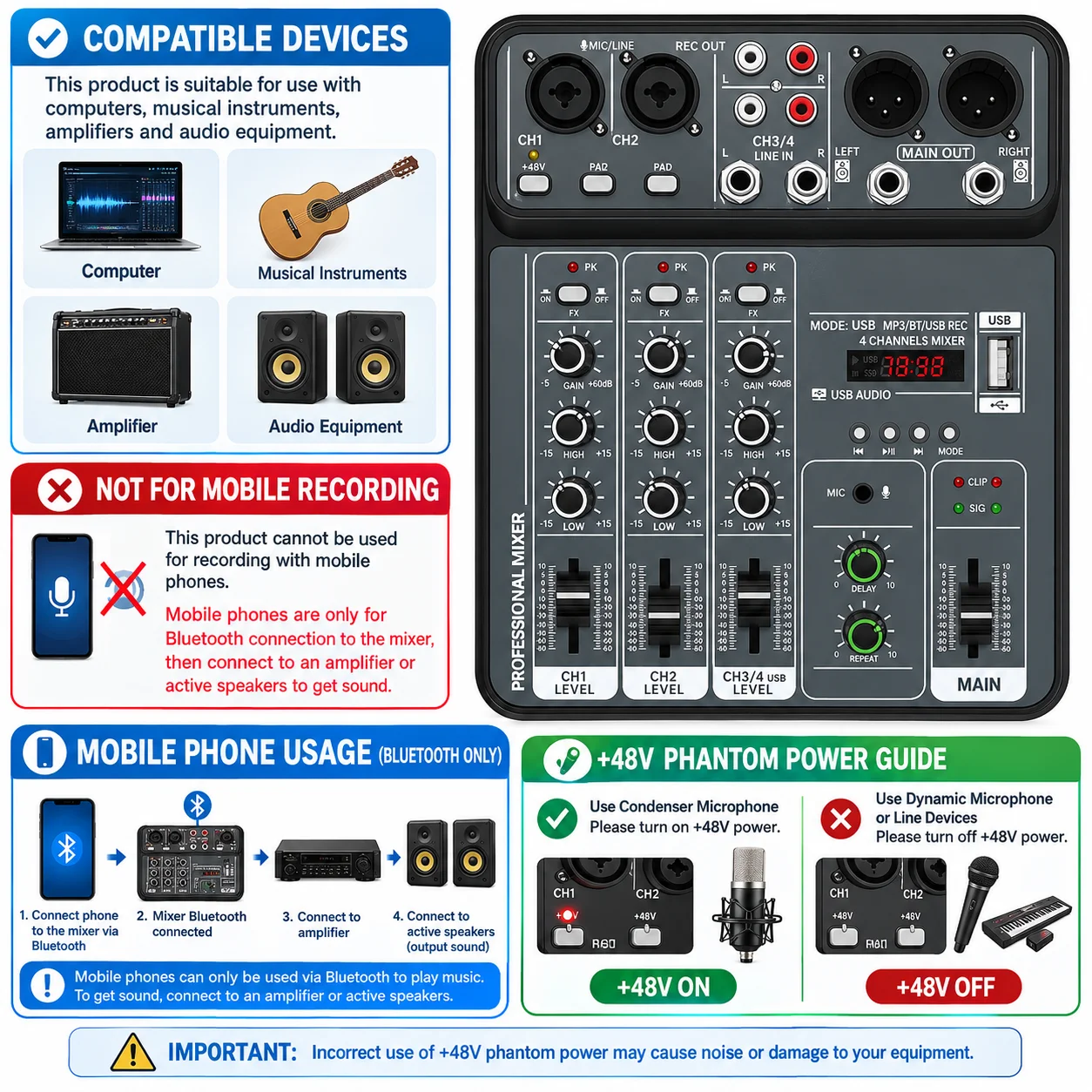 4 Channel Audio Mixer 48V Phantom Power USB Studio Sound Mixers Bluetooth DJ Console Mixing for Karaok